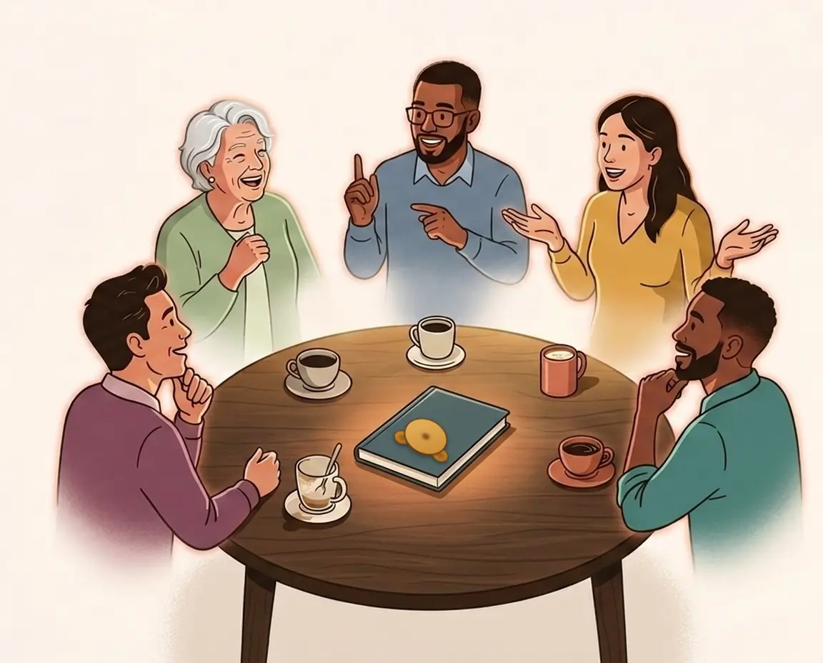 Friends and an AI co-host gathered around a Phensy table